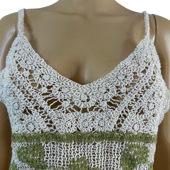 Women Boho Blouse Crop Top Crochet Small Ivory Green Hem Fringe Sleeveless V-Nec - Picture 10 of 16